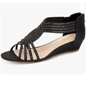 YDN Black Wedge Glitter Heel Sandals Open Toe Rhinestones Cross Over Straps Shoe